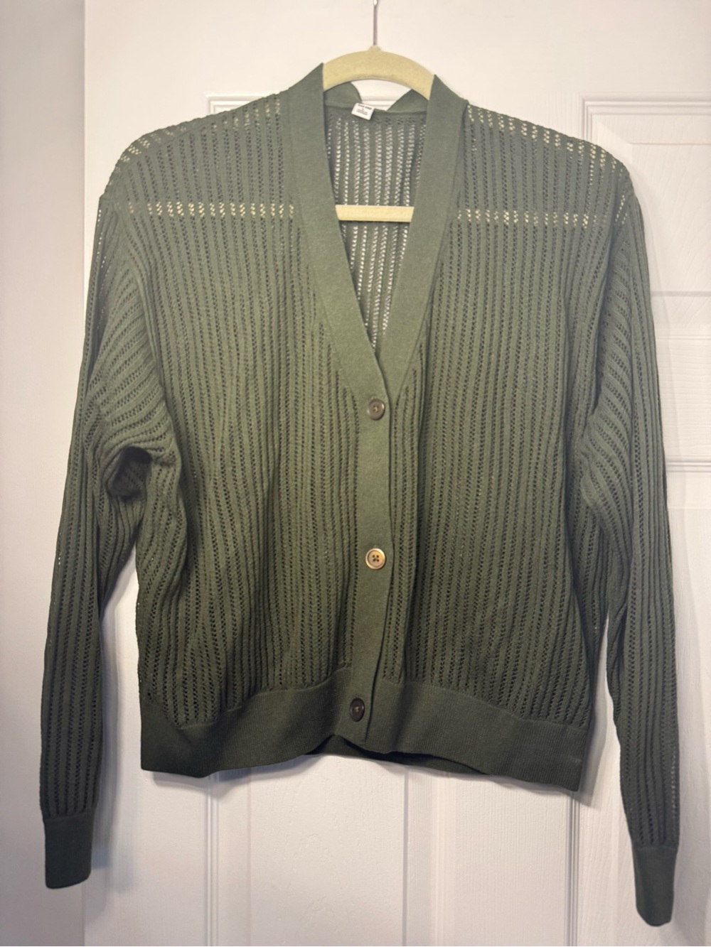 Uniqclo Olive Open-Knit V-Neck Button Cardigan Sweater - Women